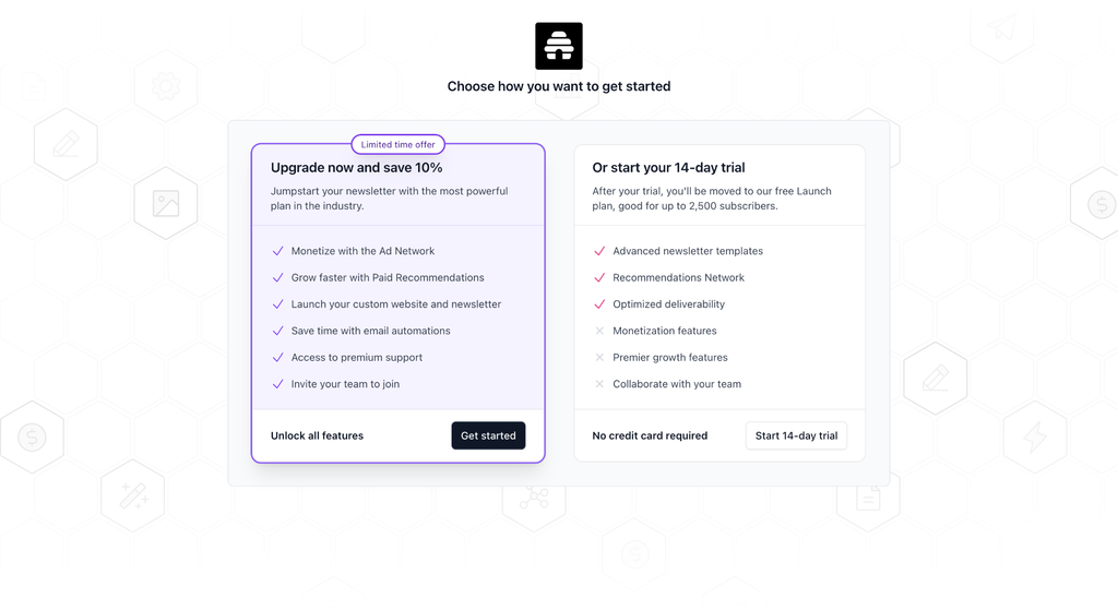 beehiiv trial screen showing the free Launch plan and trial options