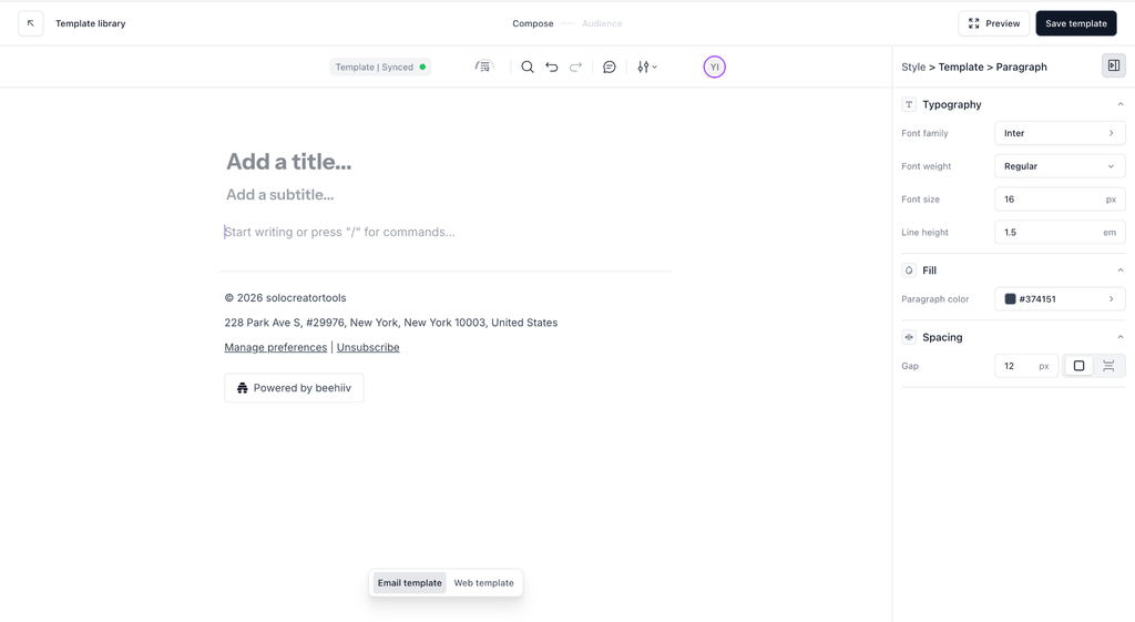 beehiiv newsletter editor with publishing and formatting controls