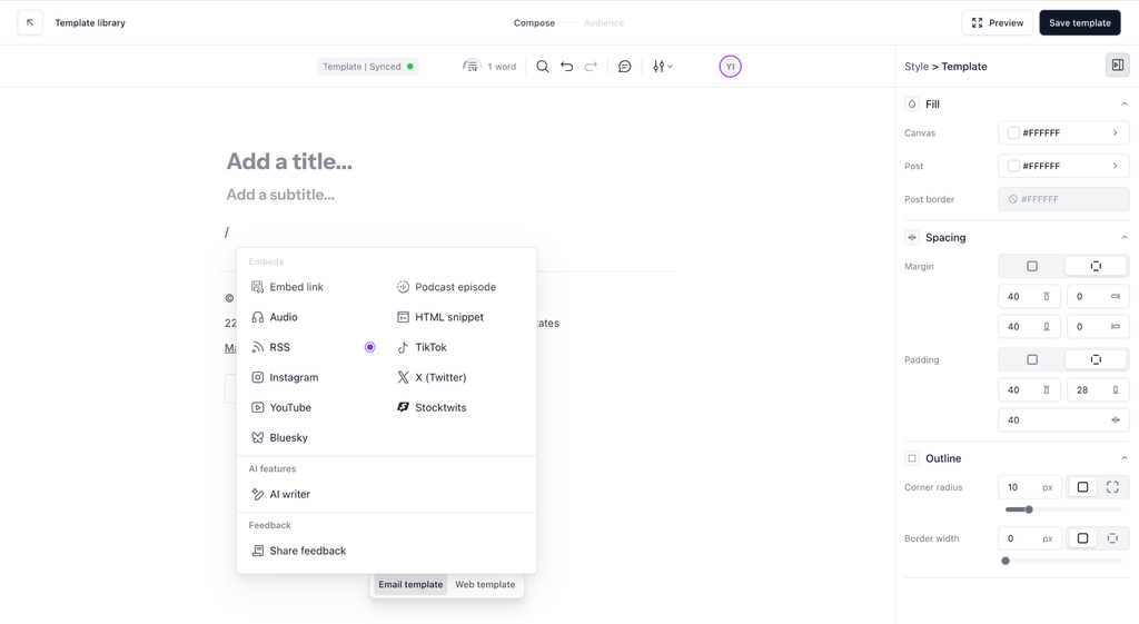 beehiiv editor showing AI Writer and embed options
