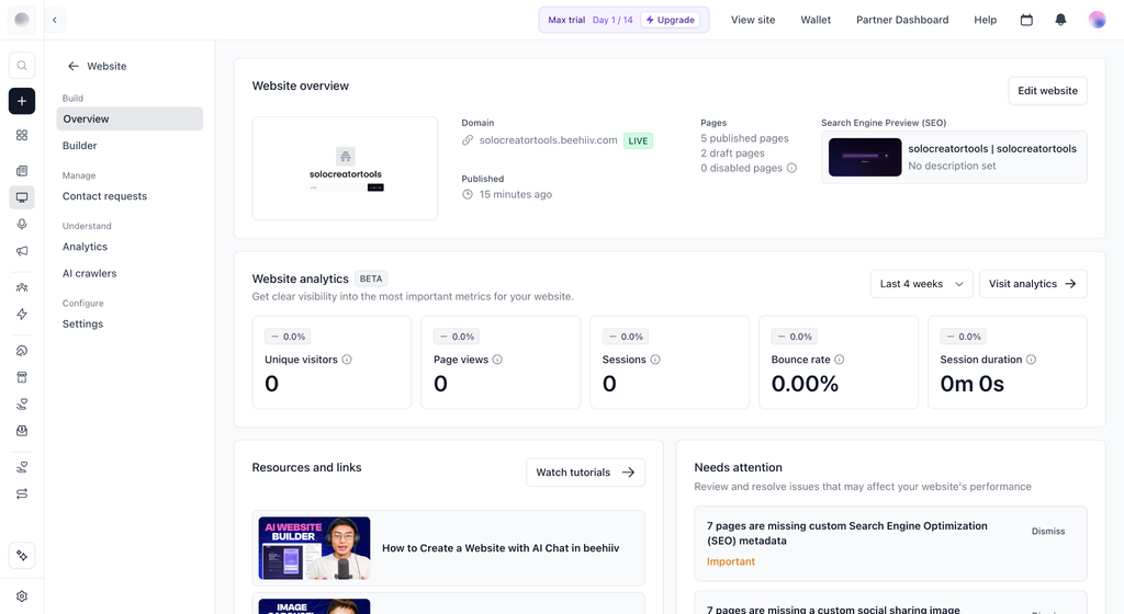beehiiv website overview and builder controls
